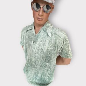 Vintage 1970s Rare Lilly Dache, Mod, Sage Green Polo, Abstract Dot Disco Shirt